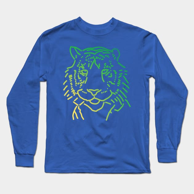 Green Tiger Face Line Art Long Sleeve T-Shirt by ellenhenryart